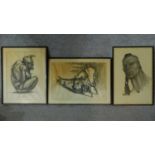 Three various framed and glazed charcoal sketches. 43x57cm