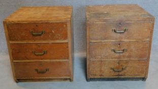 A pair of mid 20th century pine three drawer filing cabinets. 70x61x61cm