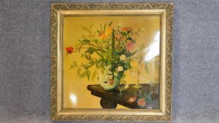 A gilt framed oil painting on metal, still life, indistinctly signed. 71x73cm