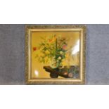 A gilt framed oil painting on metal, still life, indistinctly signed. 71x73cm