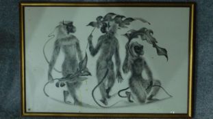 A framed and glazed chalk study of monkeys as The Three Graces, signed Madeleine Pearson verso.