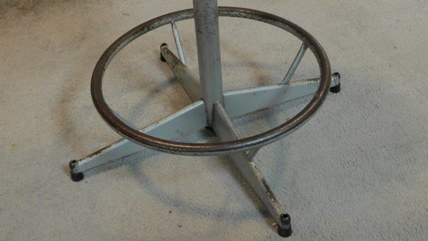 A vintage revolving adjustable industrial machinist's stool with laminated beech seat and back. - Image 5 of 5