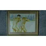 A framed and glazed watercolour, two young men, Myles Antony, gallery label verso. 72x89cm