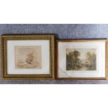 A 19th century gilt framed watercolour of a ship at sea and a similar landscape. 59x59cm (both