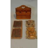Two 19th century carved adjustable book shelves and a stationery box. 36x17cm (planks)