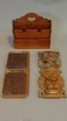 Two 19th century carved adjustable book shelves and a stationery box. 36x17cm (planks)