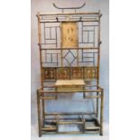 A late Victorian aesthetic style bamboo hallstand with inset tiles. 198x96x30cm (mirror detached but