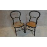 A pair of late Victorian ebonised and mother of pearl inlaid balloon back bedroom chairs. H.83cm