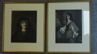 A pair of framed and glazed monochrome prints, Van Dyke, Rembrandt portraits. 54x44cm