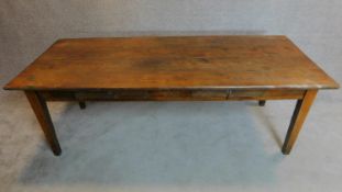 An antique elm farmhouse style refectory table fitted two frieze drawers on square section