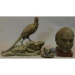 A plaster bust and pheasant and a moulded figure of a hen. H.38 (tallest) pheasant and hen A.F.
