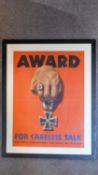 An original framed and glazed WW2 US propaganda poster; by artist Stevan Dohanos, Award For Careless