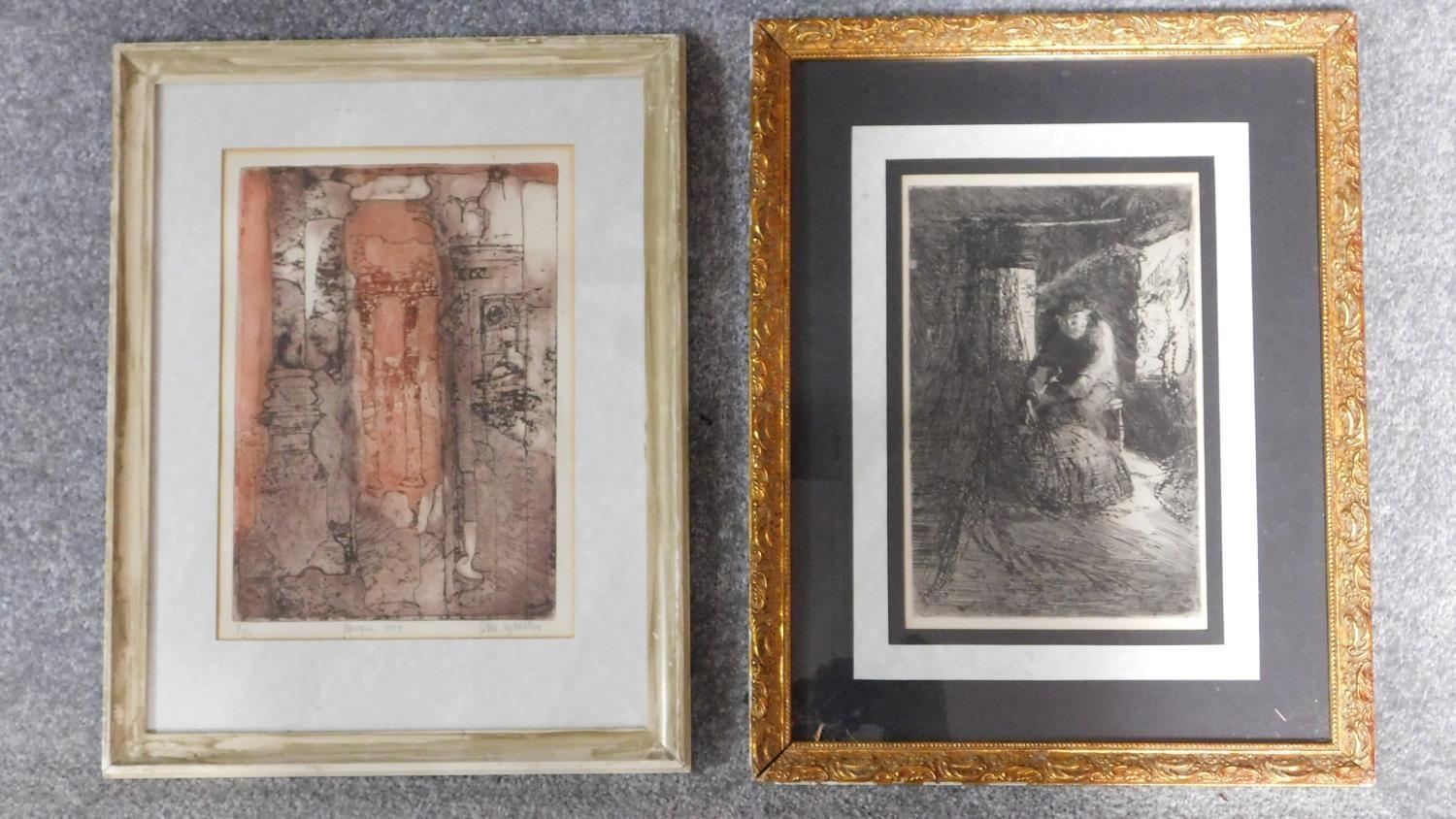 A framed and glazed etching, signed and numbered and another framed and glazed print. 49x38cm.