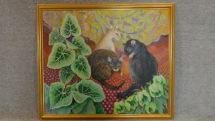 A gilt framed oil on canvas, three cats, signed and inscribed Madeleine Pearson verso. 93x109cm