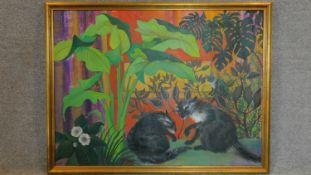 A gilt framed oil on canvas, cats in a drawing room, signed Madeleine Pearson verso. 100x130cm