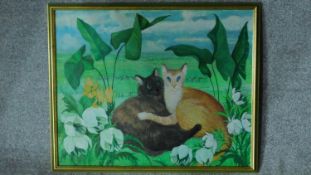 A gilt framed oil on canvas, two cats, Madeleine Pearson. 66x81cm