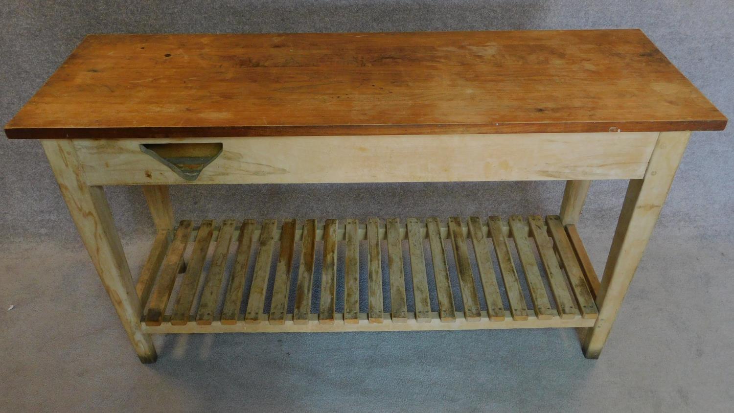 A teak plank top kitchen table with fitted end drawers on distressed base on square tapering - Image 2 of 6