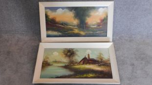 A pair of vintage framed oil paintings, rural scenery by a lake. Indistinctly signed. 50x90cm (