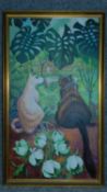 A gilt framed oil on board, two cats, Madeleine Pearson. 81x47cm