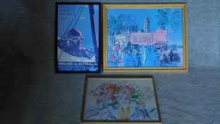 A framed and glazed travel poster and two Raoul Dufy prints. 64x79cm