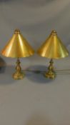 A pair of brass desk lamps with metal shades. H.58cm. (both shades detached, one bolt present but