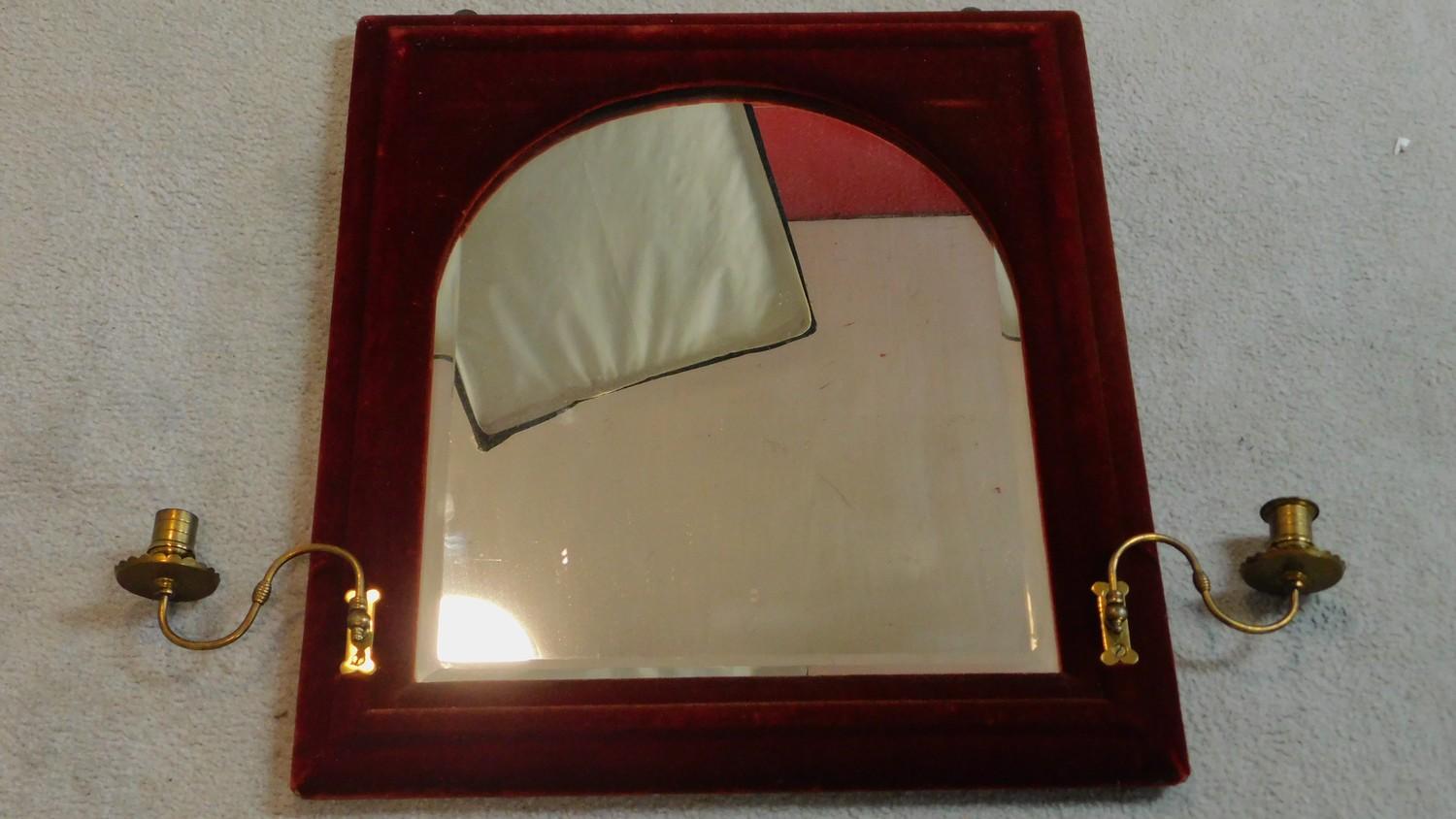 An unusual pair of arched Victorian pier mirrors in red velvet frames fitted with candle sconces. - Image 5 of 5