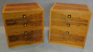 A pair of burr yew military style bedside cabinets. 53x50x45cm