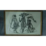 A framed and glazed chalk study of monkeys as The Three Graces, signed Madeleine Pearson verso.