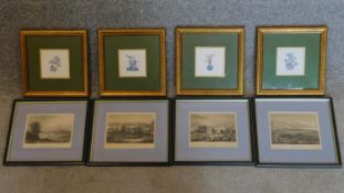 A set of four signed miniature prints of bonzai trees and a set of four prints of 19th century