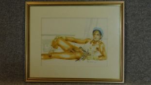 A framed and glazed watercolour of a young man, signed Myles Antony. 45x54cm