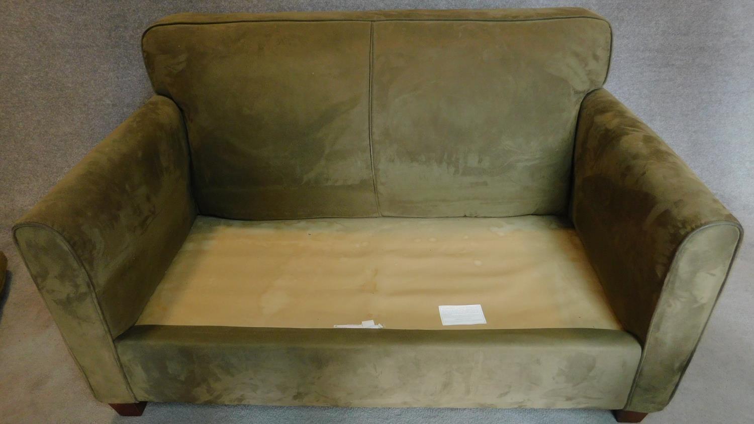 A 2 seater sofa in sage faux suede upholstery. 88x145x93cm - Image 3 of 3