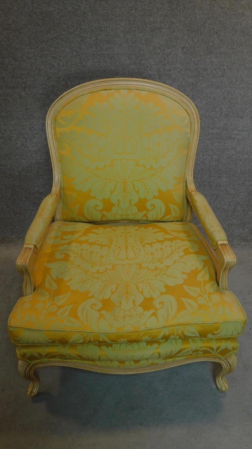 A pair of French style fauteuil with distressed painted frames in lemon floral upholstery. H.102cm - Image 2 of 8