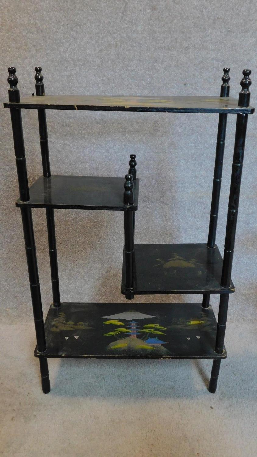 A Japan lacquered shelved whatnot a similar cakestand and a plant pot stand. H.76cm (tallest) - Image 4 of 7