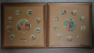 A pair of framed and glazed collages, one representing signs from the zodiac and the other