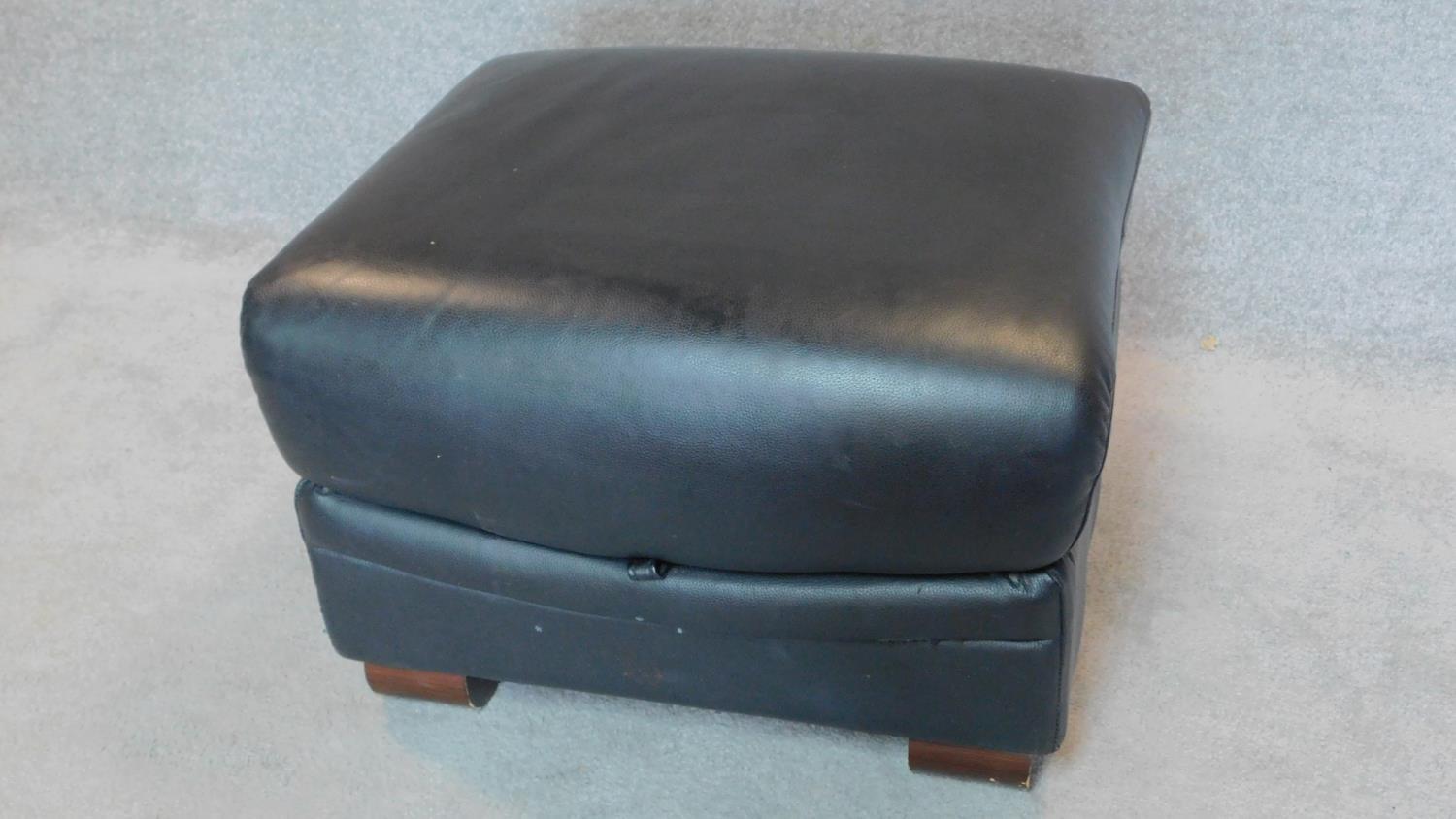 A black leather 2 seater sofa with buttoned seat and matching footstool. 75x179x98cm (sofa) - Image 6 of 10