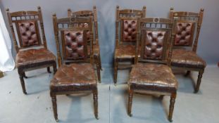 A Set of 6 late Victorian leather upholstered oak dining chairs, in the manner of Gillows Lamb,