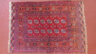 A Turkoman style rug with twelve elephant foot motifs on a rouge field with multiple geometric