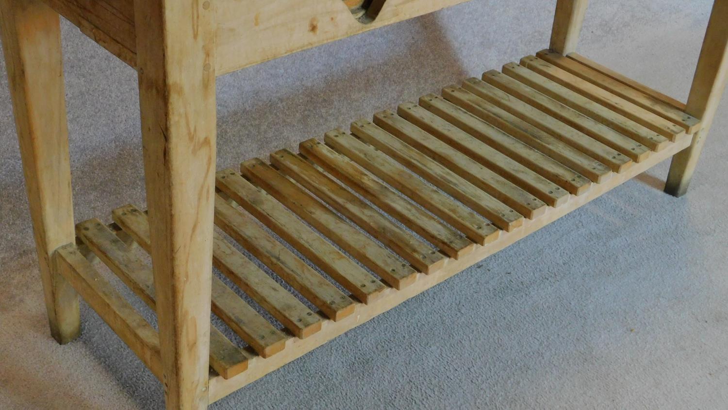 A teak plank top kitchen table with fitted end drawers on distressed base on square tapering - Image 5 of 6