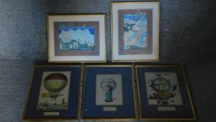 A set of three framed and glazed prints of Montgolfier balloons and another two of Chinese scenes.