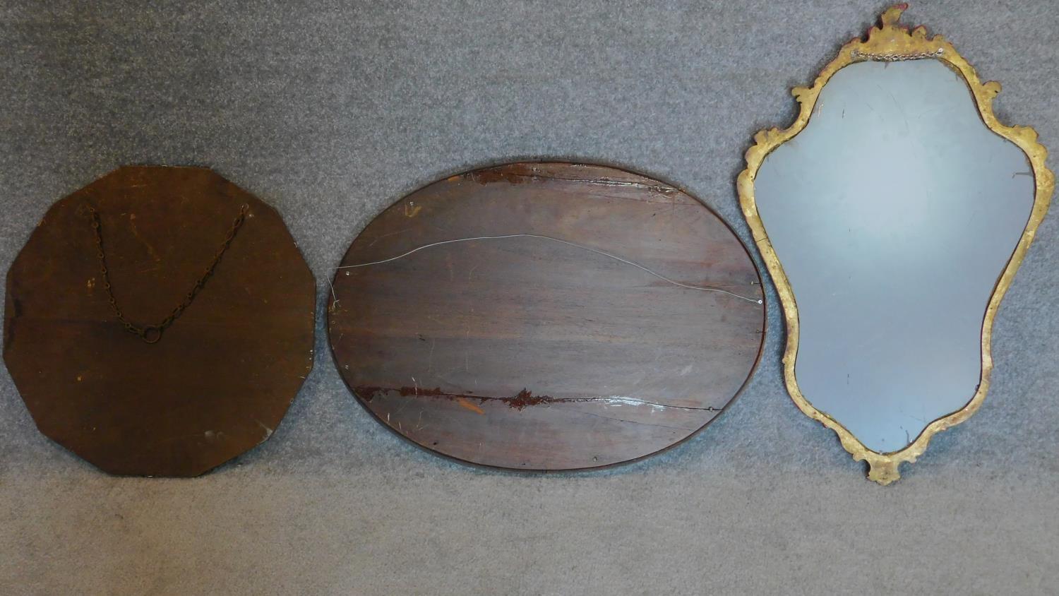 A mid 20th century etched circular wall mirror, an Edwardian mahogany mirror and another. 53x72cm ( - Image 5 of 9