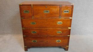 A 19th century teak brass bound two section military chest. 106x99x48cm