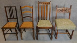 A 19th century carved continental walnut side chair, an oak dining chair and two Edwardian side