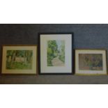 A framed and glazed watercolour, Church graveyard, signed Jack Rickards 1999 label verso and two