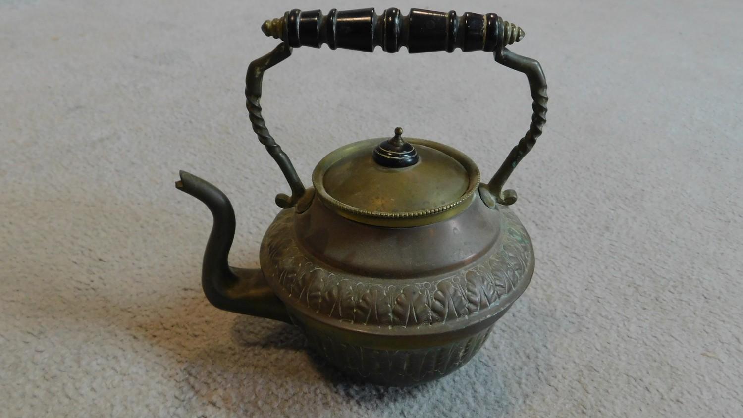 A late Victorian brass kettle and burner on stand with tongs. H.82 (stand) - Image 3 of 4