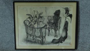 A framed and glazed charcoal drawing of a monkey in a conservatory setting, Chinese inscription to