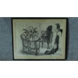 A framed and glazed charcoal drawing of a monkey in a conservatory setting, Chinese inscription to