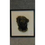 A framed and moulded death mask, inscription verso, By Eric Hewitson. 48x43cm