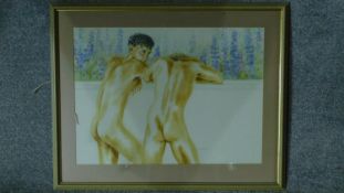 A framed and glazed watercolour, two young men, Myles Antony, gallery label verso. 72x89cm