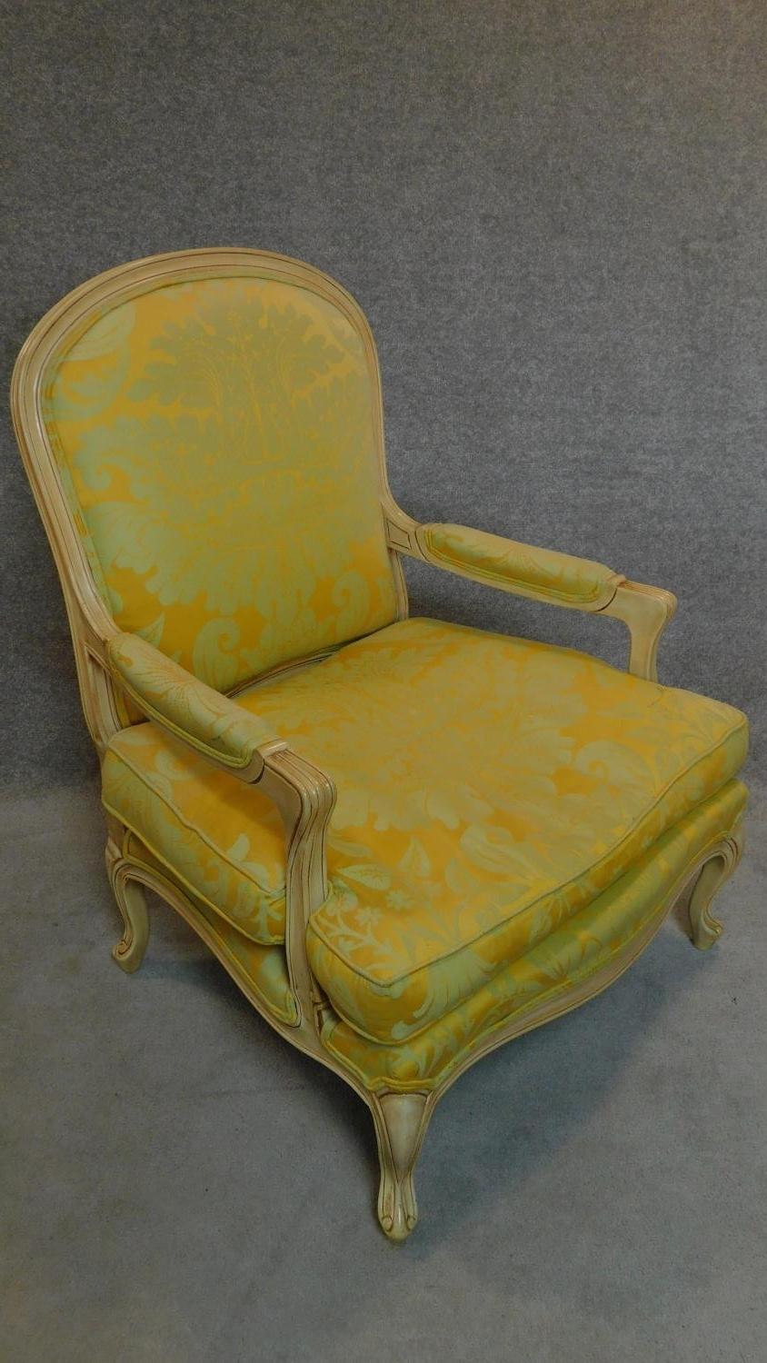 A pair of French style fauteuil with distressed painted frames in lemon floral upholstery. H.102cm - Image 3 of 8