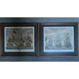 A large pair of framed and glazed prints of fighting galleons. 70x80cm